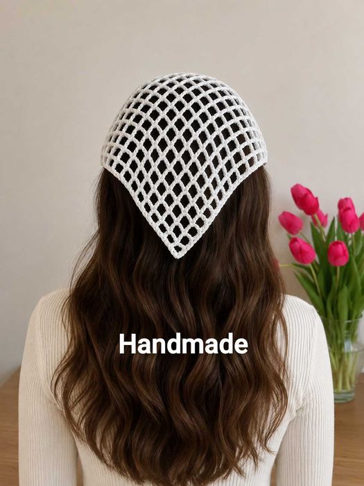 Nowa chustka chusteczka szydełkowa handmade wiązana ażurowa na głowę bandana modna crochet biała