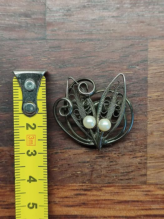 Stara broszka liść z perłami filigran handmade vintage retro