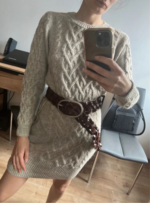 Skórzany brązony pleciony damski pasek