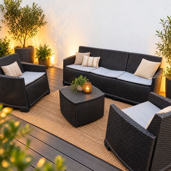 Conjunto de Jardim IPAE PROGARDEN Garda Antracite (2 Cadeirões + 1 Mesa de Apoio + 1 Sofá Triplo + 5 Almofadas)
