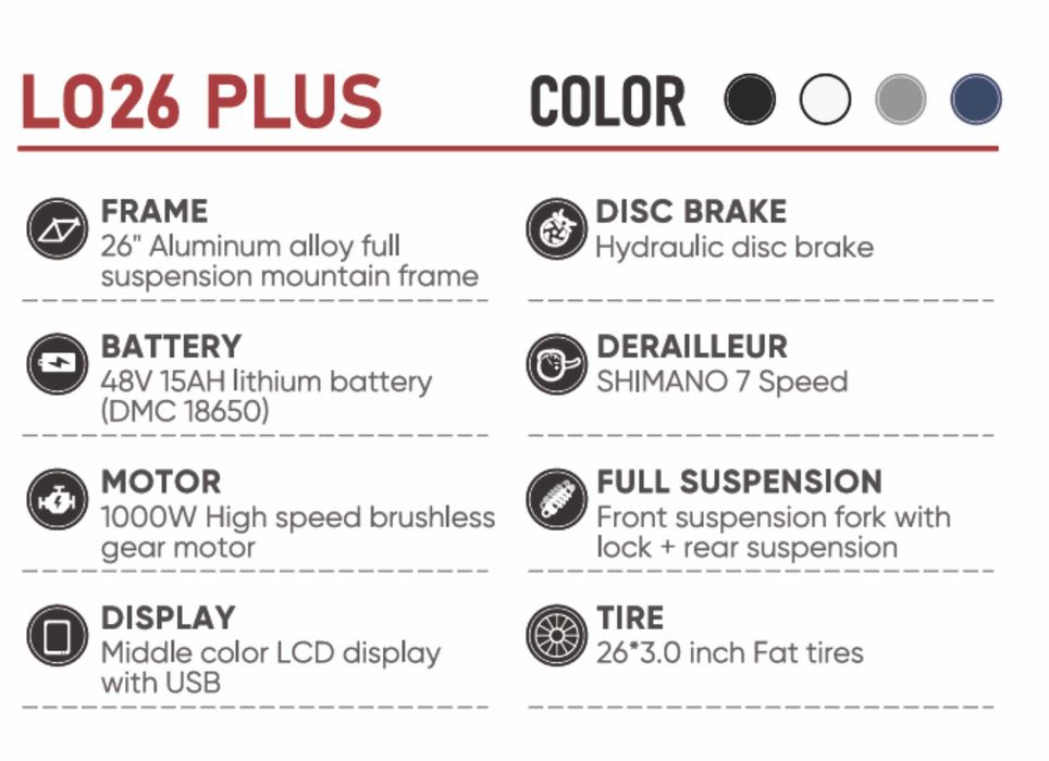 E-Bike L026 PLUS - 1000W Desdobrável - roda FAT 26''