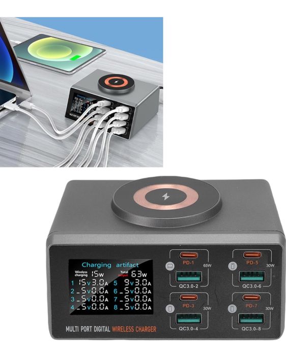 Зарядна станція PUSOKEI 140W USB-C 8 портів з бездротовою 15W