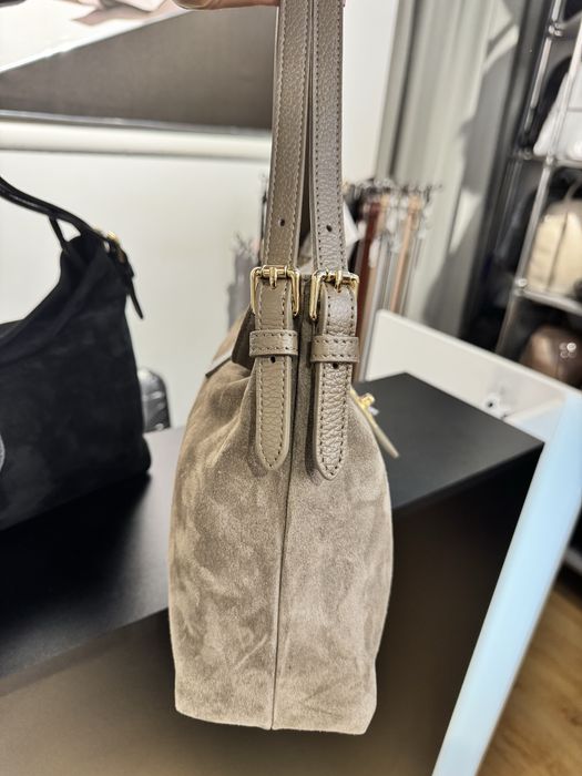 Замшева сумка бежева чорна Мягкая заишевая сумка бежевая черная