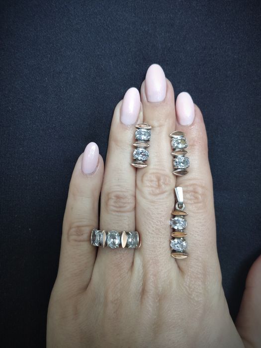 Комплект серебряный с золотом (перстень, подвес, серьги)