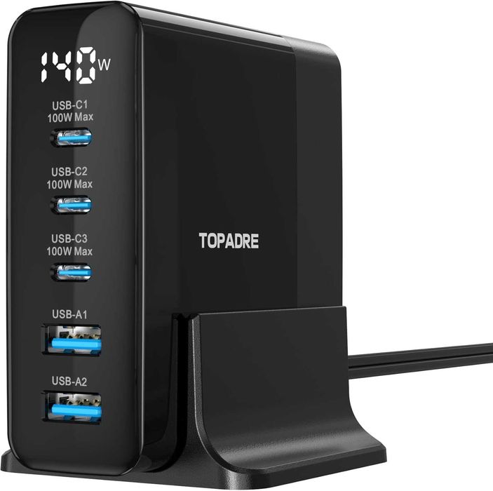 Ładowarka USB C Topadre 140W, 5-portowa GaN