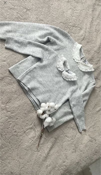 Фемелі лук сіра кофта, джемпер, светр із білим комірцем primark