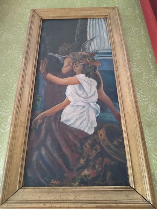 Stary obraz olejny w złotej ramie, anioł i kobieta (60x110cm)