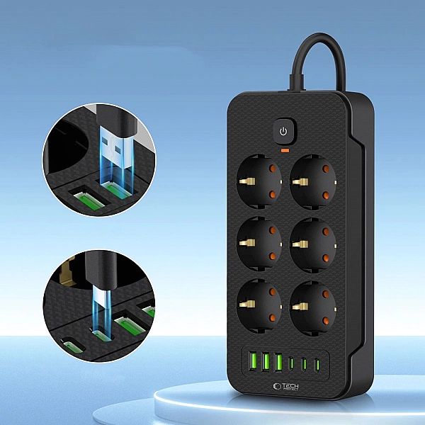 Tech-Protect Pc6X6 Power Strip 3 Usb & 3 Type-C & 6 Socket 200Cm Black