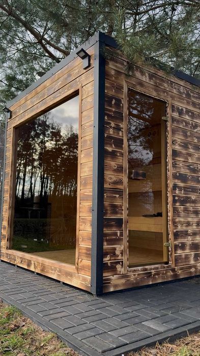 Sauna ogrodowa fińska piec opalany drewnem oświetlenie LED