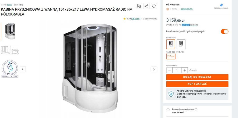 OKAZJA  OKAZJA! Nowa kabino-wanna z hydromasażem (Full Opcja) – 1400 zł TANIEJ! 151x85x217 LEWA HYDROMASAŻ RADIO FM PÓŁOKRĄGŁA