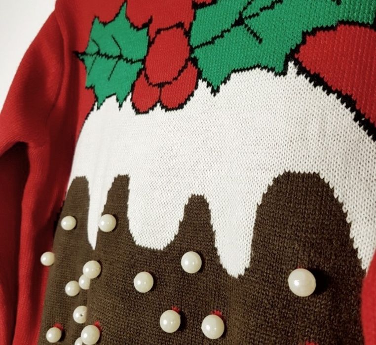 Świąteczny sweterek swetr perly rozmiar L czerwony