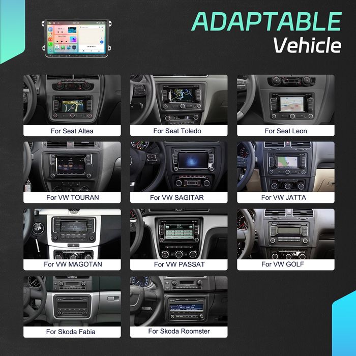 Rádio 9" Android 15 | 6/128GB CarPlay/Auto S/Fios, GPS, VW/SEAT/SKODA