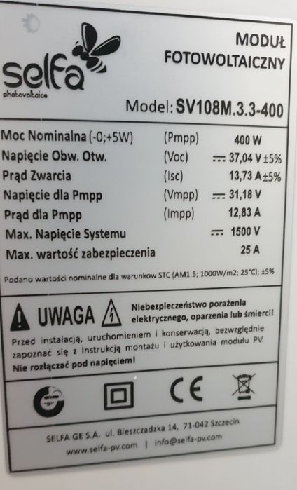 Panele fotowoltaiczne 400W Selfa SV108M.3-400 Wp