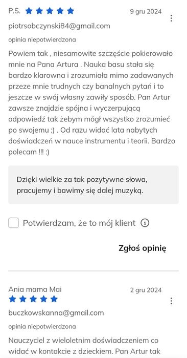 Lekcje gry na gitarze, gitarze basowej, pianino, keyboard.