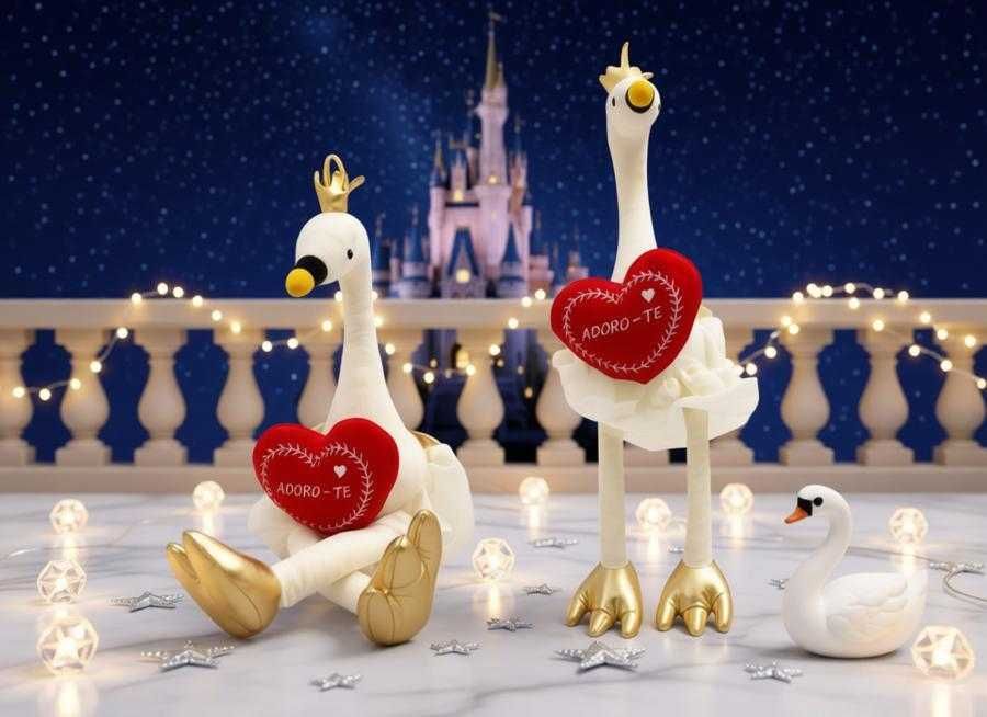 Um cisne de peluche com um coração vermelho gravado com "amo-te" no peito, perfeito para decoração e como presente de Dia dos Namorados.