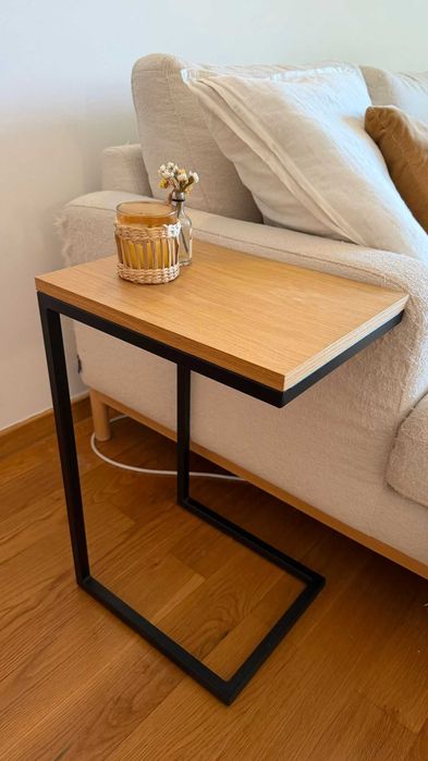 mesa de apoio sofá sala em madeira carvalho e metal