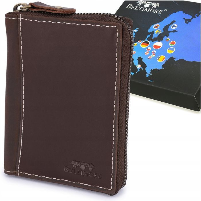 Portfel skórzany RFiD pionowy duży zasuwany nubuk antykradzieżowy nowy