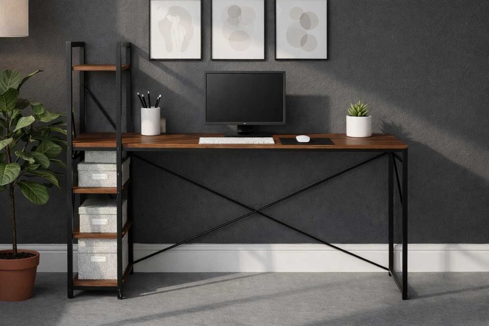 NOWE Biurko Loft Gamingowe Biurowe Ciemny Orzech z Półkami 120x60cm FV