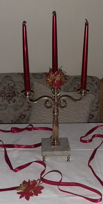 Kandelabr trójramienny / świecznik trójramienny mosiądz z marmurową po