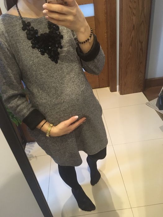 Szara sukienka S/M/L ciepla ciążowa z kieszeniami piękna wygodna