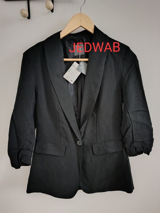 Marynarka jedwabna żakiet elegancka czarna guziki viskoza 34