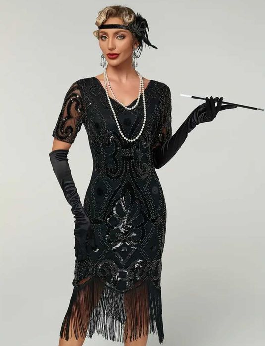 Elegancka sukienka lata 20, Flapper Gatsby cekiny, r. M Sylwester karnawał
