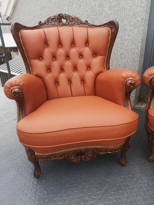 Cudowny komplet po renowacji! Koniakowa skóra! Sofa i dwa fotele!