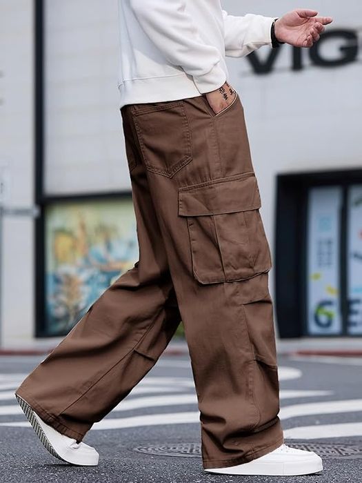 Męskie spodnie cargo baggy - szerokie nogawki - brązowe XL