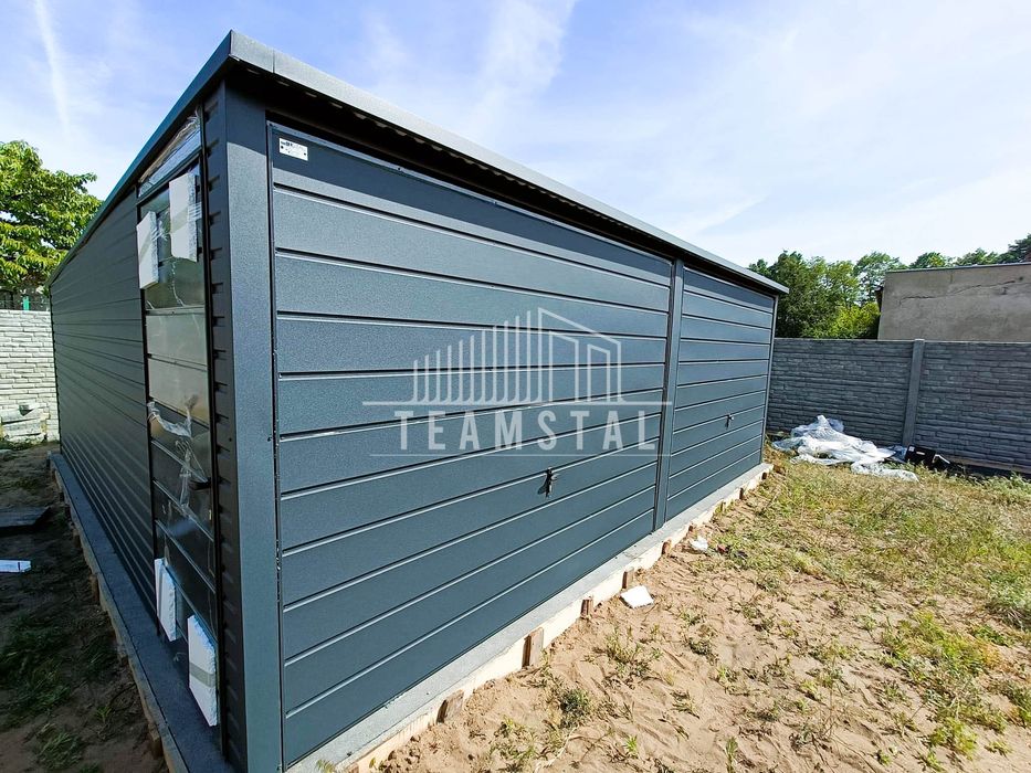 GARAŻ BLASZANY 6m x 5m spad tył 2x Brama antracyt drzwi TS243 6x5