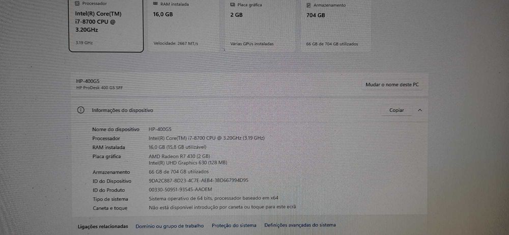 HP Low Gaming i7 8ª.Gen| i7-8700 | 16G-DDr4 | NVMe256 + HDD500 | R7-430-2G | WiFi | W11