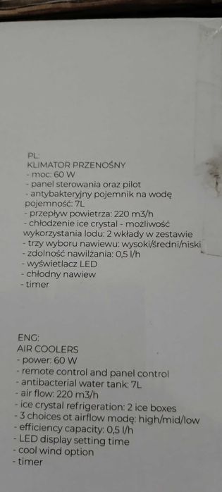 Klimator przenośny moc 60 W