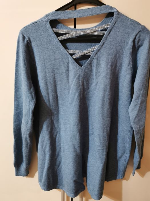 Sweter sweterek cienki damski M/L 38/40 niebieski paski na plecach