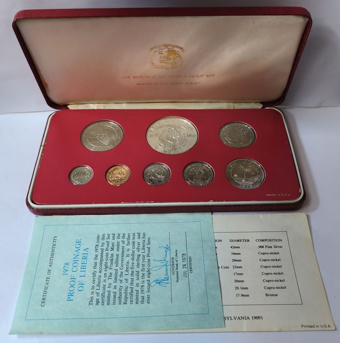 Zestaw monet Liberia 1978 rok Set Proof 8 sztk srebro-słonie