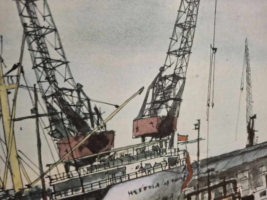 aguarela antiga de grandes dimensões barcos