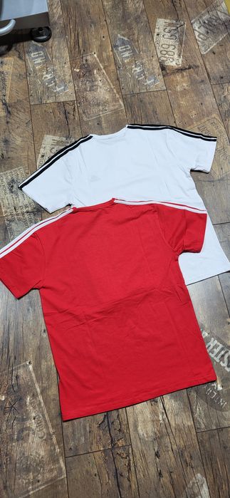 2 koszulki męskie t-shirt młodzieżowe biała czerwona trzy pasy S M
