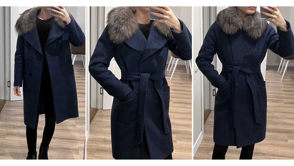 Пальто жіноче темно-синє, тепле вовна 72%+утеплення, натур мех песець