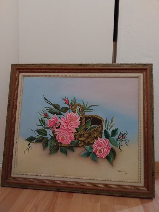 Quadro com moldura cesto de rosas