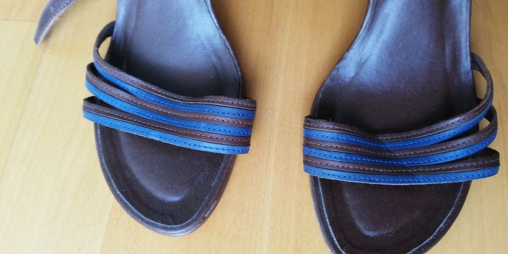 Sandália de tiras , salto alto, castanhas e azul, 38