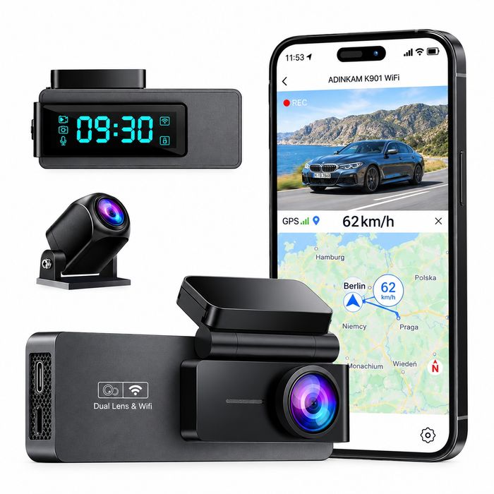 Kamera Samochodowa Przód 4k UHD Tył 1080HD GPS Parking Wifi G-Sensor Appka