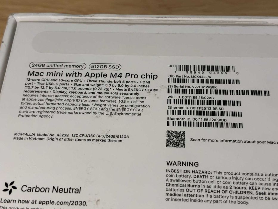 Apple Mac Mini M4 Pro 2020, 12 CPUs/16 GPUs, 24 GB de RAM, SSD de 512 GB