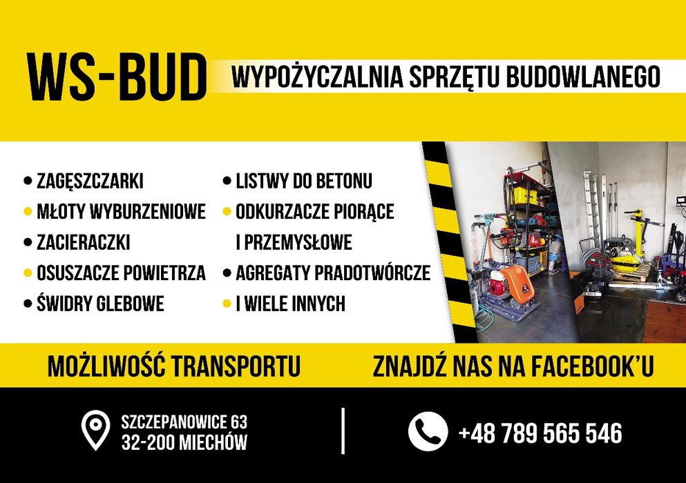 Wypożyczalnia sprzętu, Frez do pni, Młot, Zakrętarka, Odkurzacz, Piła