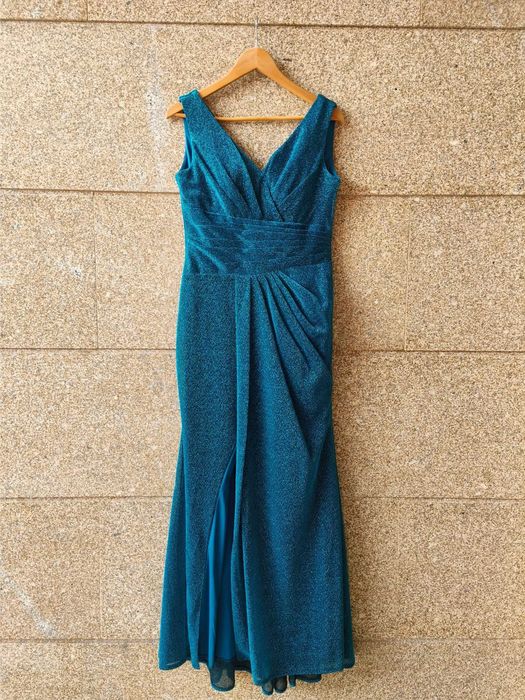 Vestido de Festa Azul Turquesa com Brilhantes | Decote V | Tam. Único (M/L), Novo