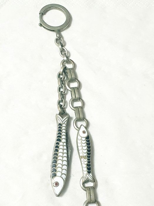 Antiga corrente de relógio de bolso em alpacca e esmalte com canivete