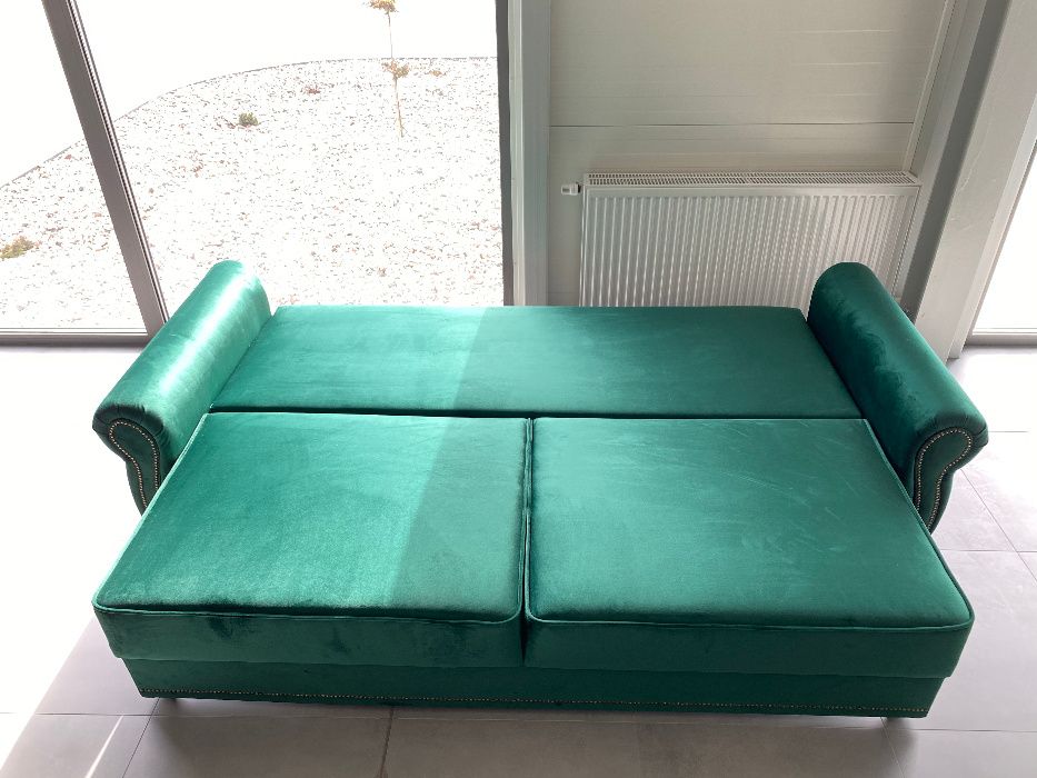 Zestaw Kanapa, fotel i pufa, plusz, butelkowa zieleń, proucent