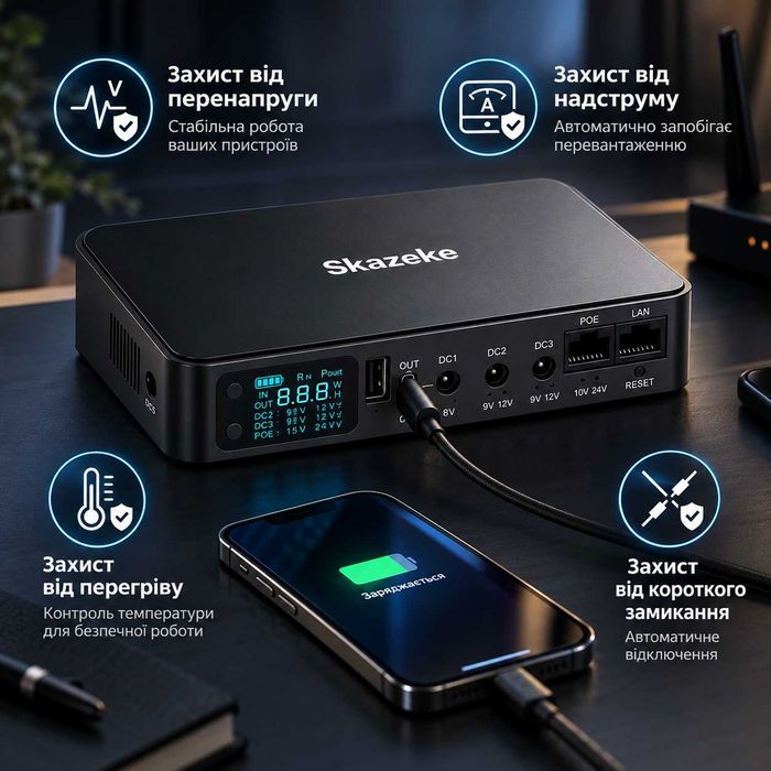 Skazeke Mini UPS 18000 мА·год — джерело безперебійного живлення для роутера, ONU-терміналу та Wi-Fi-камер 5 В, 9 В, 12 В, PoE