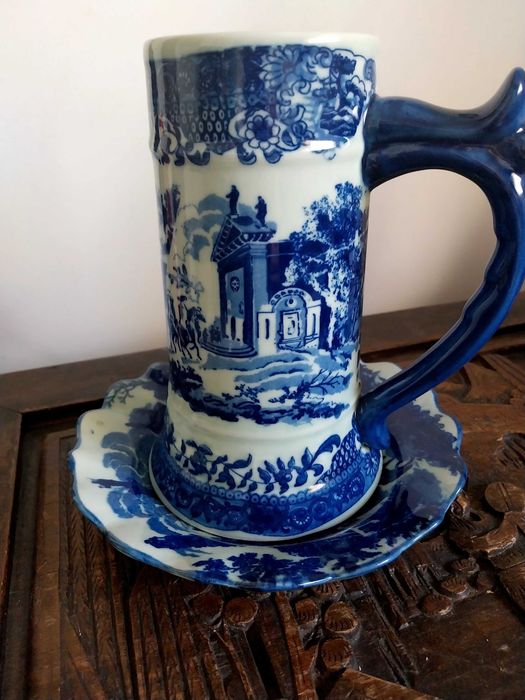 Caneca de Cerveja Vintage Victoria Ware – Cerâmica Ironstone Flow Blue