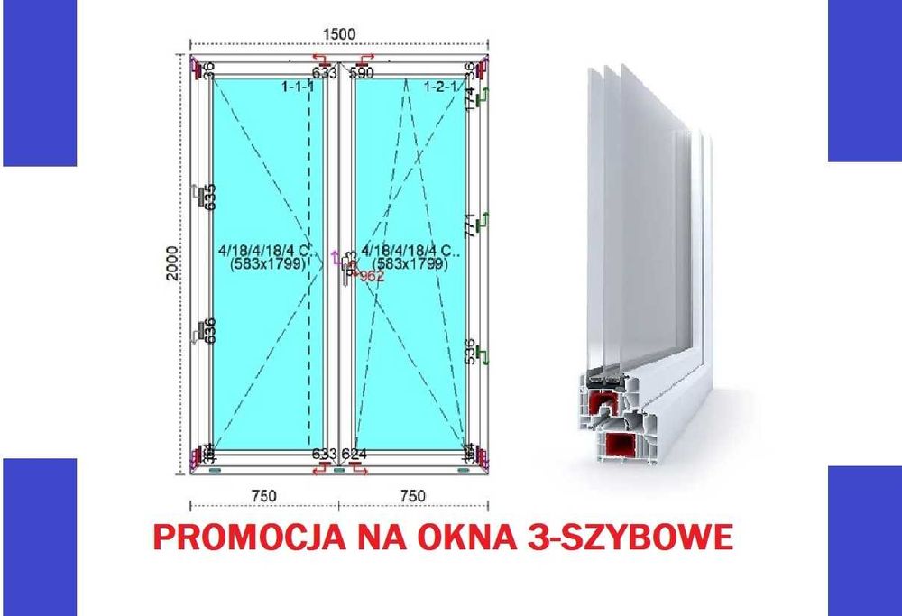 Nowy Trzyszybowy Balkon dwuskrzydłowy 1500x2000 Okna Czyste Powietrze