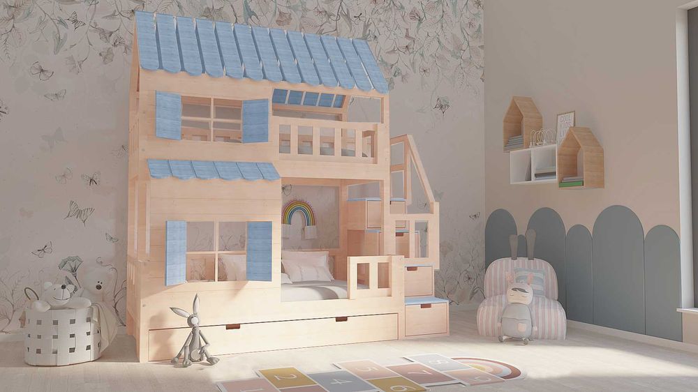Łóżko piętrowe domek ze schodami