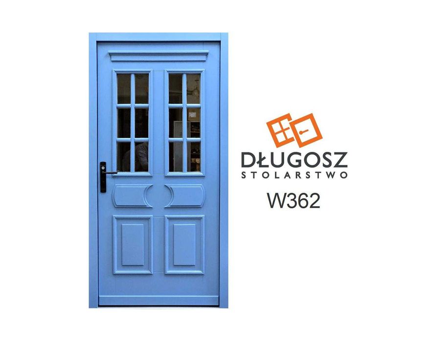 Drzwi DŁUGOSZ zewnętrzne wejściowe retro niebieskie pastelowe RAL5024 amerykańskie angielskie dom czyste powietrze ocieplane stylowe francuskie GOTOWE