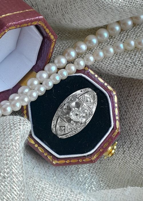 R.8 Pierścionek Antyk Diamenty 0.22ct Art Deco Platyna  WYCENA